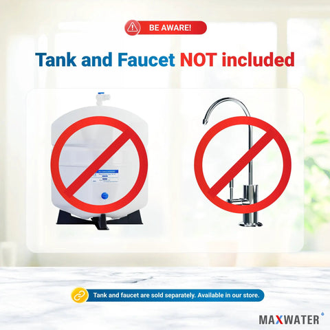 Image showing tank and faucet not included warning for Five Stage 100 GPD Reverse Osmosis Water Filtration System