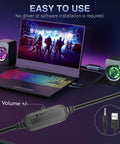Compact USB Powered PC Speakers With 3.5mm AUX And Dual 3W Drivers, 7 Color RGB Lighting, connected to laptop for gaming