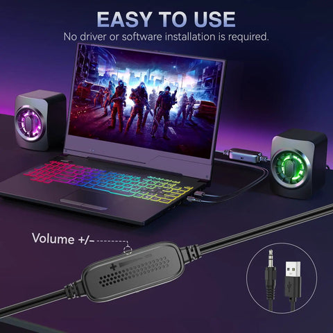 Compact USB Powered PC Speakers With 3.5mm AUX And Dual 3W Drivers, 7 Color RGB Lighting, connected to laptop for gaming