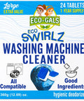 Eco-Gals Eco-Swirlz washing machine cleaner and deodorizer packaging with 24 deep cleaning tablets for laundry care.