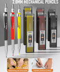 Pro Grade Carpenter Drawing Kit With Straight Up Solid Lead Pencils And Mechanical Refills, Sharpener, Carbide Scribe, Mini Level, Center Punch, Canvas Bag For Crew Leaders And Tradesmen showing 2.0mm mechanical pencils and refills.