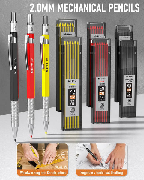Pro Grade Carpenter Drawing Kit With Straight Up Solid Lead Pencils And Mechanical Refills, Sharpener, Carbide Scribe, Mini Level, Center Punch, Canvas Bag For Crew Leaders And Tradesmen showing 2.0mm mechanical pencils and refills.