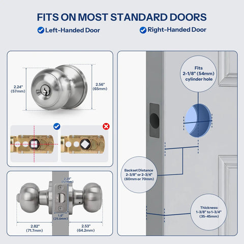 Keyed Entry Door Knobs 6 Pack With Lock And Key For Exterior And Interior Doors Right Or Left Hand Satin Nickel Finish ANSI Grade 3 Durable Build 200000 Cycles diagram showing standard door compatibility, knob dimensions, and installation details.