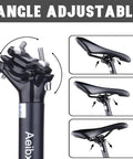 Heavy Duty Aluminum Bike Seat Post 27.2mm 30.9mm 31.6mm 350mm Length Fits Mountain Road BMX Bikes Ride Ready Lightweight Rust Resistant Easy Install Bolt On Upgrade For Your Ride shown with adjustable angle feature and close-up of seat attachment.