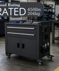 Rock Solid 1.6 Inch Swivel Caster Wheels With Locking Brakes, No Sweat M8 Thread Install, Set Of Four Tank Tough 450 Lb Capacity Casters For Furniture Carts And Workbenches on a utility cart with tools.