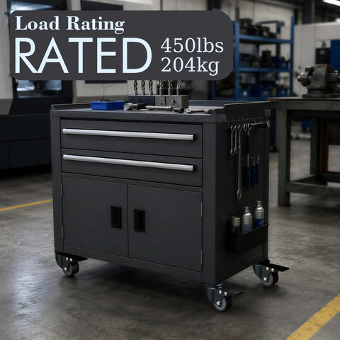 Rock Solid 1.6 Inch Swivel Caster Wheels With Locking Brakes, No Sweat M8 Thread Install, Set Of Four Tank Tough 450 Lb Capacity Casters For Furniture Carts And Workbenches on a utility cart with tools.
