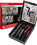 Front view of BILITOOLS M6x1.0 thread repair kit in open black case with HSS drill and coil inserts
