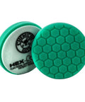 Hex-Logic Buffing Pad Kit 8-Piece 5.5 Inch Set, green pad with hex grooves for polishing cars, top and side view.
