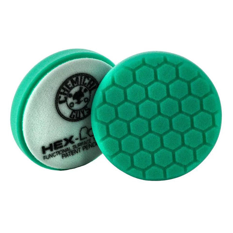 Hex-Logic Buffing Pad Kit 8-Piece 5.5 Inch Set, green pad with hex grooves for polishing cars, top and side view.