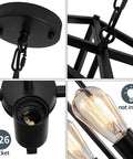 Close-up of Black 4 Light Lantern Chandelier with E26 socket, adjustable chain, rustic cage design, bulb not included