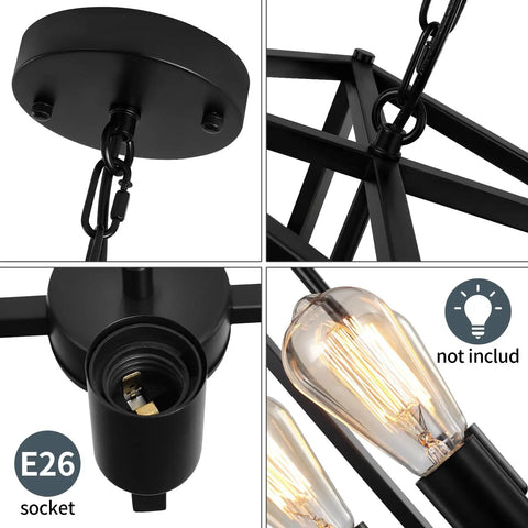 Close-up of Black 4 Light Lantern Chandelier with E26 socket, adjustable chain, rustic cage design, bulb not included