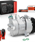 Smooth Ride High Output AC Compressor With Clutch And Six Groove Pulley For Jeep Compass Patriot 2009 To 2017 2.0L 2.4L showing compressor details and accessories.