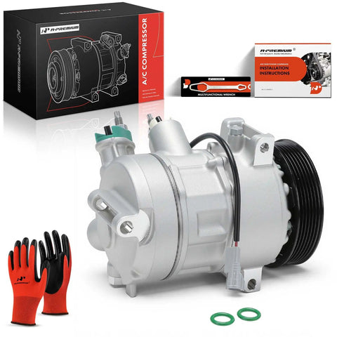Smooth Ride High Output AC Compressor With Clutch And Six Groove Pulley For Jeep Compass Patriot 2009 To 2017 2.0L 2.4L showing compressor details and accessories.