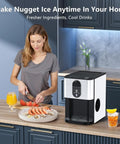 Woman preparing food in kitchen with Party Ready Nugget Ice Maker For Countertop With 44 Lbs Per Day next to drinks.