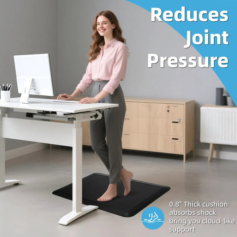 0.75 Inch Thick Anti Fatigue Kitchen Mat Waterproof Cushioned Comfort Floor Mat 20 By 32 Inches Built For Long Kitchen Shifts Standing Desk Home And Garage Ergonomic Support Under Cabinets Non Slip Black with woman standing at desk