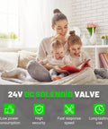 Solenoid Drain Valve For HM750A1000 Advanced Electrode Humidifier DC 24V description with family reading on couch.