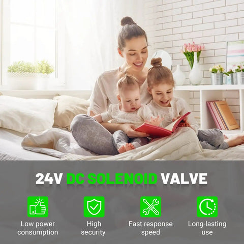 Solenoid Drain Valve For HM750A1000 Advanced Electrode Humidifier DC 24V description with family reading on couch.
