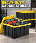 Heavy Duty 38 Gallon Storage Totes With Secure Snap On Lids 4 Pack stackable black bins organizing camping gear in garage