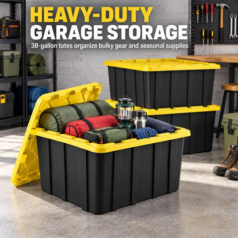 Heavy Duty 38 Gallon Storage Totes With Secure Snap On Lids 4 Pack stackable black bins organizing camping gear in garage