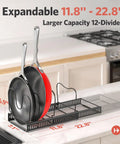 Expandable Pots And Pans Organizer Under Cabinet With Pot Lid Holder And 12 Adjustable Dividers, Space Saving Pan Rack