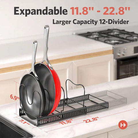 Expandable Pots And Pans Organizer Under Cabinet With Pot Lid Holder And 12 Adjustable Dividers, Space Saving Pan Rack
