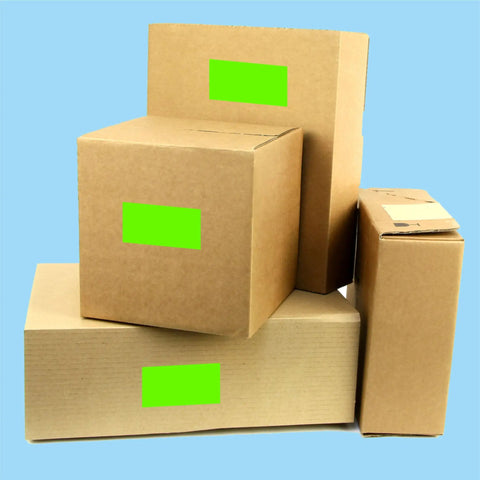 Cardboard boxes labeled with 3 X 5 Inch Rectangle Adhesive Color Coding Stickers Fluorescent Green 250 Count Pack With Dispenser Box