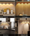 Under Cabinet LED Lights With Motion Sensor USB Rechargeable Closet Light illuminating kitchen, cabinet, wardrobe scenes.