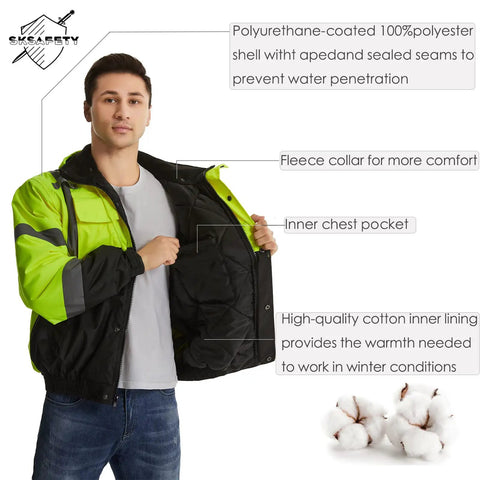 Man wearing High Visibility Reflective Work Jacket For Men Waterproof ANSI Class 3 Hi Vis Yellow Coat With Pockets Black Bottom.