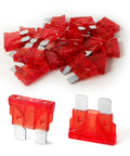 20 Pack 10 Amp Mini Blade Auto Fuses Ato Apr Ats 32 Volt Red Replacement Kit showing multiple red fuses with silver contacts.