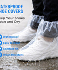 Waterproof Shoe Covers For Rain And Indoor Outdoor Use on white sneakers, showing non slip, thick durable plastic foot covers.