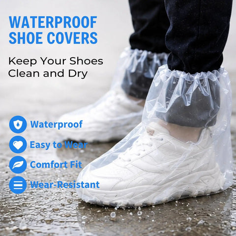 Waterproof Shoe Covers For Rain And Indoor Outdoor Use on white sneakers, showing non slip, thick durable plastic foot covers.