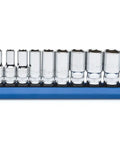 Go-To Thirteen-Piece One Quarter Inch Drive Six Point Mid-Length Metric Socket Set with chamfered openings on blue rail