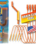 Drain Hair Clog Remover Kit With Rotating Handle Auger Easy Plumbing Snake For Shower And Tub Drains Includes 5 Disposable Wands No Tools Or Harsh Chemicals Fast Hair Grab Made In USA packaging with orange wands and handle displayed.