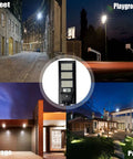 Dusk To Dawn Solar Street Light 50000LM With Motion Sensor illuminating street, playground, garage, and patio at night.