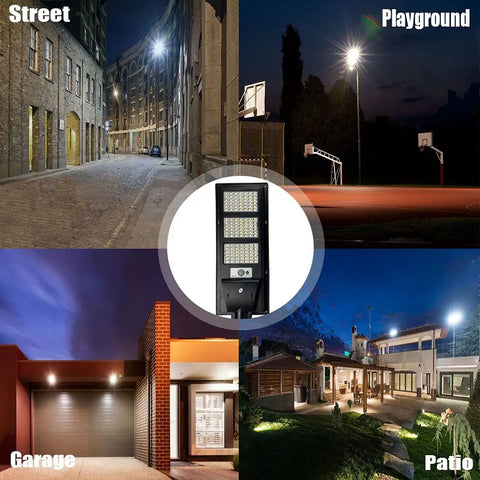 Dusk To Dawn Solar Street Light 50000LM With Motion Sensor illuminating street, playground, garage, and patio at night.