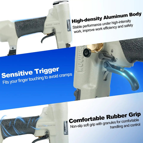 High-density aluminum body, sensitive trigger, comfortable rubber grip of Heavy Duty Pneumatic Brad Nailer With Eighteen Gauge Nails