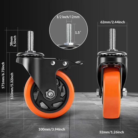 Industrial Grade 4 Inch Caster Wheels With Threaded Stem Swivel Brakes displaying measurements and design for heavy loads