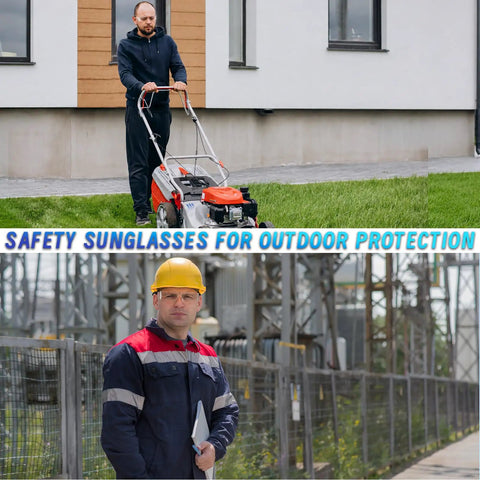 150 Piece Clear Safety Glasses Bulk ANSI Z87 1 Certified Eye Protection Built Tough For Men And Women High Impact Workwear worn by outdoor workers.