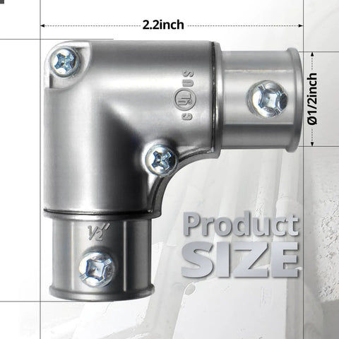 Five Pack One Half Inch EMT Fittings 90 Degree Inside Corner Pull Elbows Heavy Duty Galvanized Steel Conduit Adapters showing dimension details.