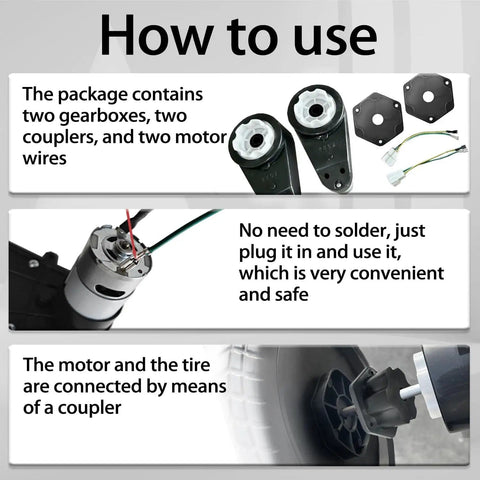 Instructional image showing how to use Two Pack High Speed 24V RS555 Motor Gearbox Upgrade Kit For Power Wheels Ride On Toys with connectors and couplers.