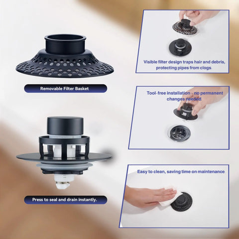 2 Pack Tub Drain Stopper With Removable Hair Catcher, Pop Up Shower Plug Fits 1.38 To 1.8 Inch Holes, Stainless Steel Filter, removable filter basket shown.