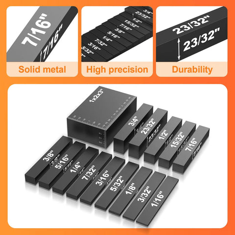Pro Grade Aluminum Setup Block Kit for Woodworking, 15-piece gauge block set with storage box, shows various block sizes and increments.