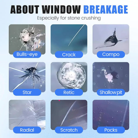 Types of windshield cracks including bullseye, crack, compo, star, retic, shallow pit, radial, scratch, and pocks.