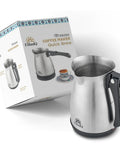 Your Go To Turkish Coffee Pot Stainless Steel 120V 1 To 4 Cup Electric Cezve With Foldable Handle shown with packaging