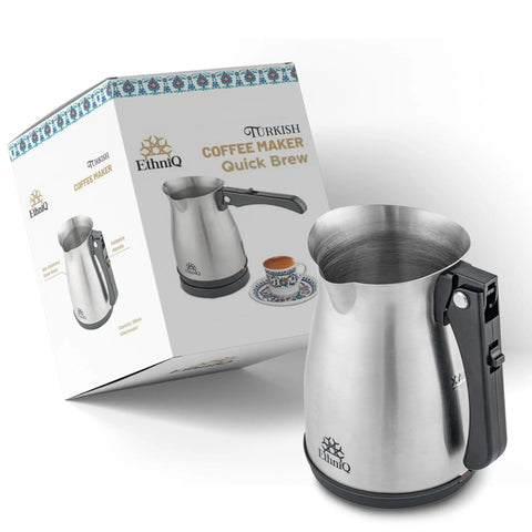 Your Go To Turkish Coffee Pot Stainless Steel 120V 1 To 4 Cup Electric Cezve With Foldable Handle shown with packaging