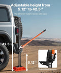 VEVOR farm jack with base, orange high-lift jack mounted to SUV rear, 7,000 lb capacity, 5.12–42.5 in lift range