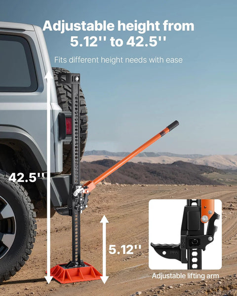 VEVOR farm jack with base, orange high-lift jack mounted to SUV rear, 7,000 lb capacity, 5.12–42.5 in lift range