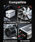 Four compatible products: Car Refrigerator, Heatsink Fan, Evaporative Blower, Car Amplifier showcasing utility in vehicles.