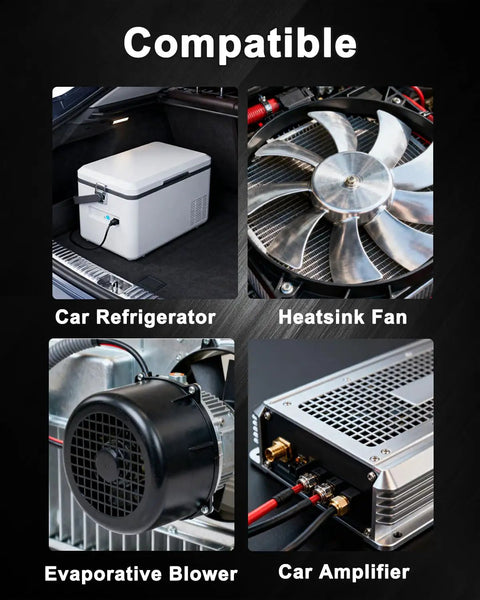 Four compatible products: Car Refrigerator, Heatsink Fan, Evaporative Blower, Car Amplifier showcasing utility in vehicles.