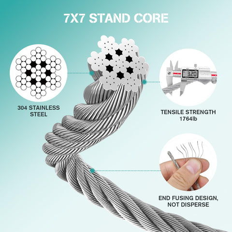 Wire rope detail from Shade Sail Hardware Kit 52 Piece Set For Outdoor Canopies And Patios Premium 304 Stainless Steel Accessories.